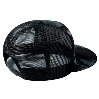 BASSDASH Flat Brim Trucker Cap Adjustable Snapback Hat Mesh Back for Men Women - color: Black Camo