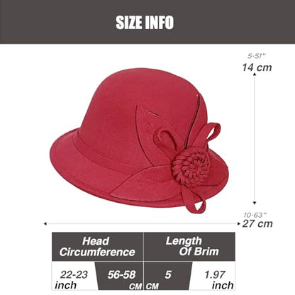 Woolen Cloche Hat for Women, Flower Winter Warm Bucket Cap - color: Wine Red