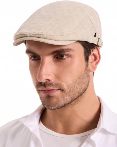ZLYC Men Summer Flat Cap Scally Ivy Gatsby Newsboy Beret Driver Hat - color: Plain Beige