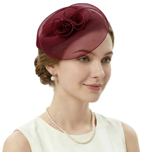 DRESHOW Fascinator Hats for Women Cocktail Tea Party Hat Netted Pillbox Hat Vintage Derby Hats for Bridal Wedding - color: Pillbox Hat: Burgundy