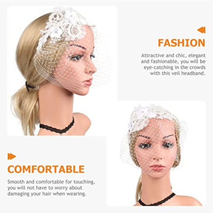 Beaupretty Womens Fascinators Hat Bridal Wedding Veil Mesh Lace Headband Tea Party Headwear Fascinator Veil Headband - color: White