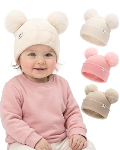 FURTALK Baby Beanie Infant Newborn Toddler Winter Hat Double Pom Pom Warm Knit Cap for Girls Boys - color: Beige+pink+khaki, size: 0-6 Months