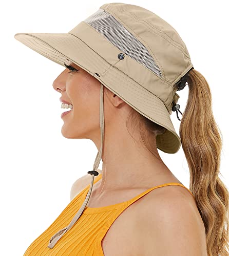 EW East Water Sun Beach Hat for Women, UPF50+ Waterproof with Ponytail Hole - color: Khaki