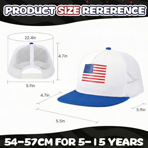 BROMZ Kids Youth American Flag Trucker Hat Flat Bill, Breathable Mesh Back Snapback Baseball Cap for Boys Girls 5-15 Years - color: White/Blue/Us Flag