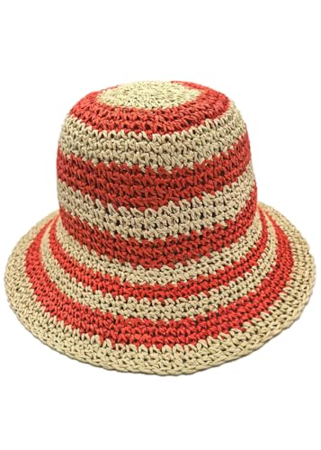 Woven Straw Hat for Women Foldable Summer Beach Hat Wide Brim Floppy Bucket Hat - color: Orange/Beige