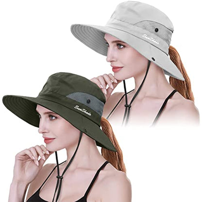 IYEBRAO 2 Pack Womens Ponytail Sun Hat UV Protection Bucket Hats Foldable Wide Brim Summer Boonie Beach Cap Fishing Hiking… - color: Pure Beige & Army Green