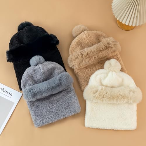 Womens Knit Pom Beanie Hat Thermal Polar Fleece Lined Winter Scarf Set Face Mask Hooded Scarf Earmuff Skull Hats
