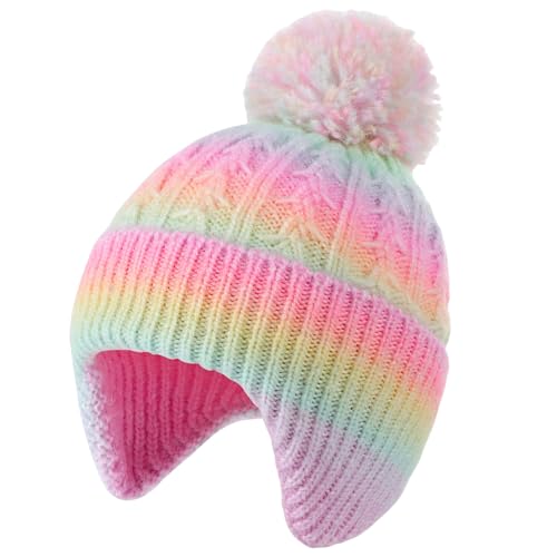 Toddler Earflap Beanie Hat with Rainbow Pom for Little Girls Knitted Beanies Kids Winter Skiing Caps Age 3-8 - color: Rainbow 01