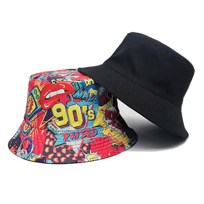 Printed Bucket Hat - Reversible Packable Summer Travel Beach Sun Cap for Men Women Teens - color: 90s Graffiti