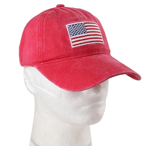 Falari USA Flag Embroidered Baseball Cap, Low Profile Adjustable Dad Hat, 100% Cotton, Pre-Washed - color: Red