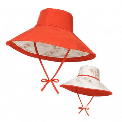 Wide Brim Sun Hat for Women Reversible Beach Bucket Summer Hats Ponytail - color: Orange-red