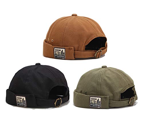 Mens Cotton Brimless Skullcap Sailor Cap Rolled Cuff Retro Beanie Hat - color: Khaki+black+green, size: One Size