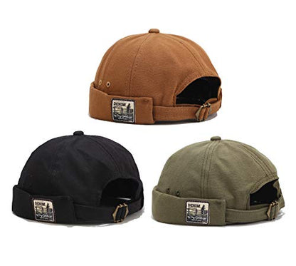 Mens Cotton Brimless Skullcap Sailor Cap Rolled Cuff Retro Beanie Hat - color: Khaki+black+green, size: One Size