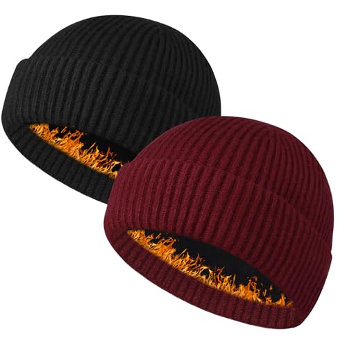 Heniho Wool Fleece Lined Fisherman Beanie for Men, Winter Warm Hats Cuffed Knit Watch Cap Trawler Hat - color: 2pack M- Black&wine Red