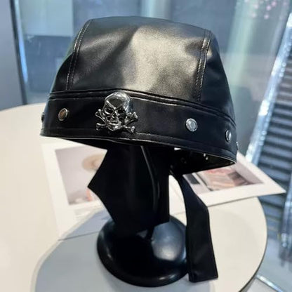Leather Biker Skull Cap for Women Adjustable Skull Motorcycle Hat with Snug Fit, Stylish Biker Head Wrap & Riding Cap - color: Skull