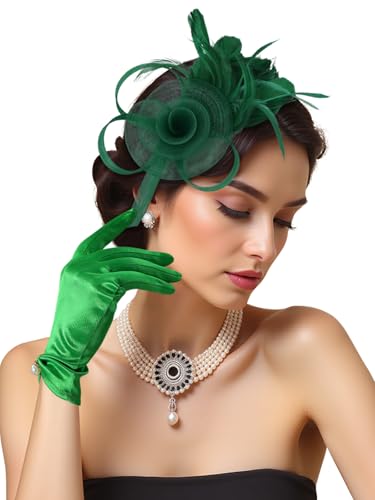 2Pcs 50s Fascinators Hats for Women Wedding Cocktail Flower Mesh Ribbons Feathers Church Tea Party Hats and Lace Glove - color: Green