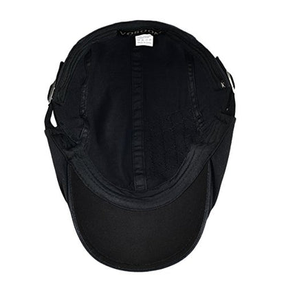 VOBOOM Men Cotton Adjustable Newsboy Beret Ivy Cap Cabbie Flat Hat - color: Black