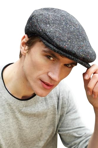 Hanna Hats Traditional Irish Tweed Wool Vintage Cap. Unisex Cabbie Hat. Stud Fastener & Taffeta Lining. 100% Made in Ireland. - color: Blue-gray, size: Medium