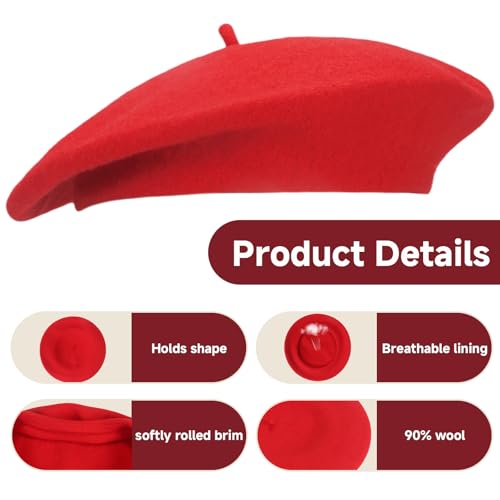 French Wool Beret Hats for Women Man - color: Bright Red