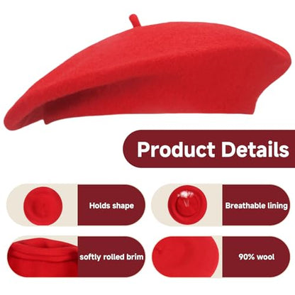 French Wool Beret Hats for Women Man - color: Bright Red