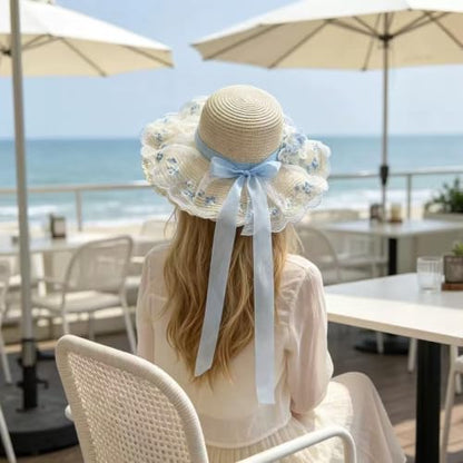 Women's Big Straw Sun Hat Wide Brim with Removable Wind Lanyard Foldable