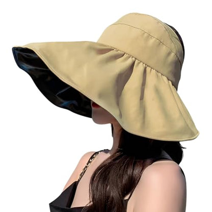 Sun Visor Hat for Women UPF 50+ Wide Brim Packable Ponytail Hat Shapeable UV Protection Shell Hat Roll-up Foldable Sun Hat - color: Khaki