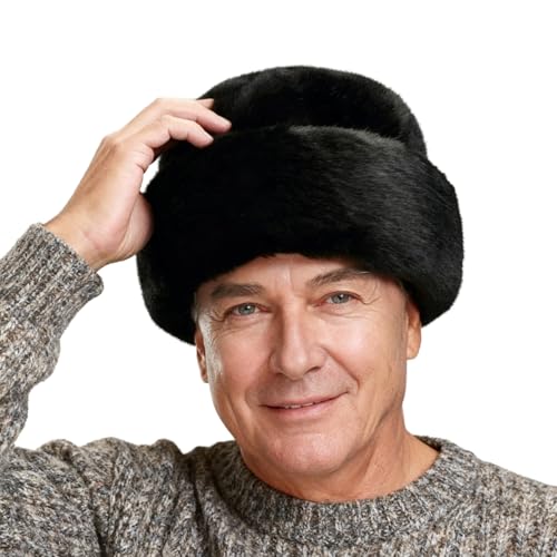 PURFUN Mens Faux Fur Trapper Hat Old Dad Winter Cozy Warm Furry Russian Ushanka Hat Windproof Running Hunting Ski Cap Beanie - color: Black