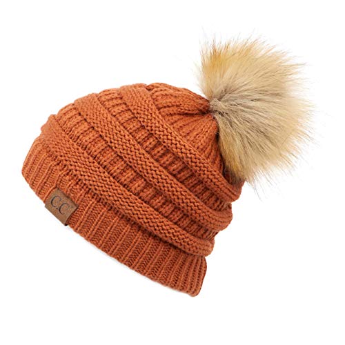 C.C Fur Pom Winter Fall Trendy Chunky Stretchy Cable Knit Beanie Hat - color: Solid Rust