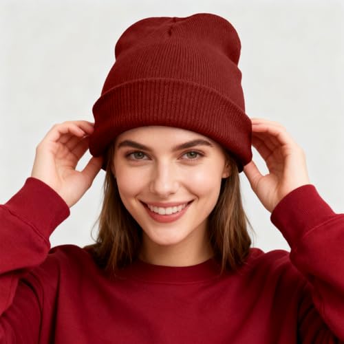 ZOORON Beanie for Men Women Warm Winter Hat Unisex Soft Knit Cuffed Beanie - color: Burgundy