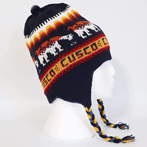 Alpaca Wool Blend Winter Hat Chullo Inca Peruvian Design Reversible with Earflaps. Beanie Medium Size. Unisex - color: Navy Blue/Steel Blue