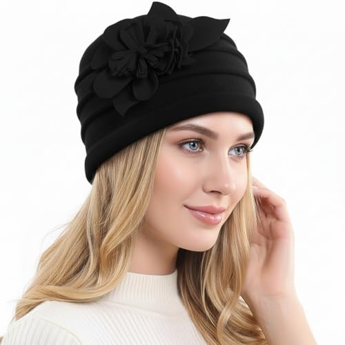 Women's Wool Dress Church Cloche Hat Bucket Winter Floral Hat - color: Floral-black