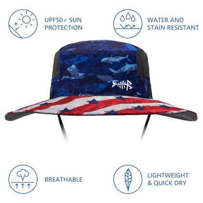 BASSDASH UPF 50+ Fishing Sun Hat Water Resistant Unisex Wide Brim Bucket Boonie Hat for Hiking Camping Safari FH15 - color: Americana, size: Medium
