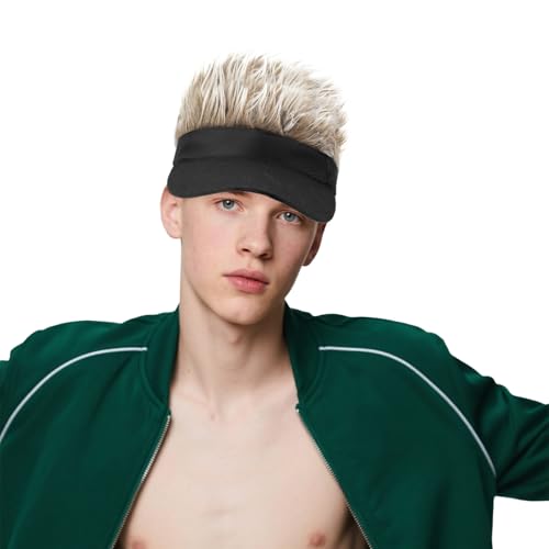 Mens Novelty Sun Visor Beach Hat Short Hair Wigs UV Protection Adjustable Golf Dad Cap Funny Hip Hop Rave Party Trucker Hat - color: Black & Khaki