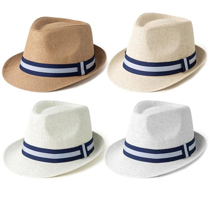 4 Pack Short Brim Straw Fedora Summer Beach Sun Hat Men - color: 4 Pcs Set B