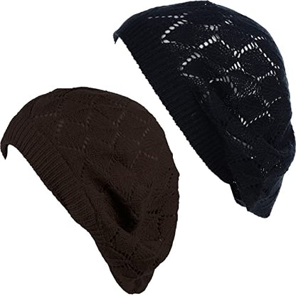 BYOS Chic Parisian Style Soft Lightweight Crochet Cutout Knit Beret Beanie Hat - color: 2-pack Leafy Brown & Black