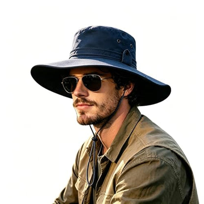 Sun Fishing Hat for Men UPF 50+ Wide Brim Boonie Hats for Summer - color: Navy Blue