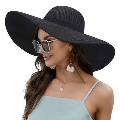 Women Wide Brim Sun Hat UPF50 Straw Summer Hat Floppy Beach Hat Roll-Up - color: Black
