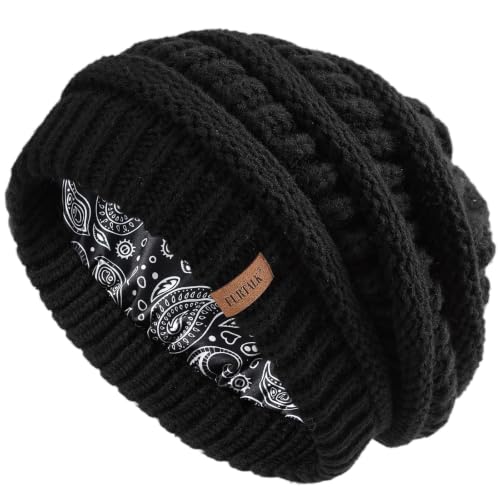 FURTALK Winter Beanie Hat for Women Satin Lined Cable Knit Chunky Slouchy Beanies Skull Warm Cap - color: Black