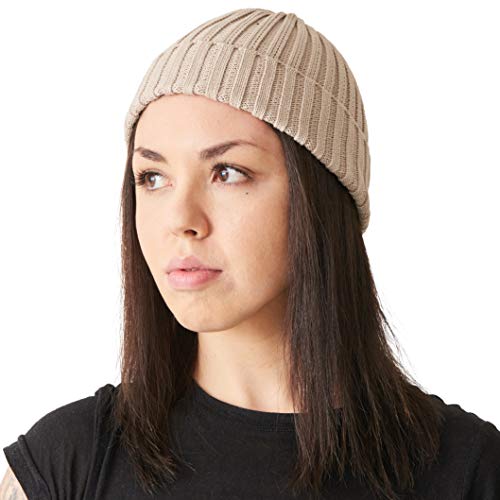 CHARM Mens Cotton Fisherman Beanie - Ribbed Trawler Knit Cap Womens Slouch Hat - color: Beige