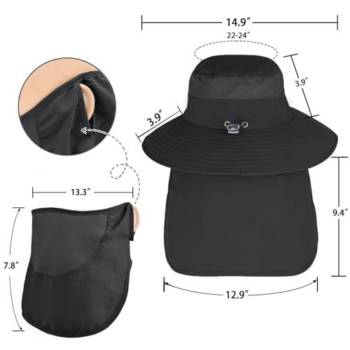 ZOORON Sun Hats for Men Women with Neck Flap Fishing UPF 50+ UV Protection - color: Black (With Face Cover)