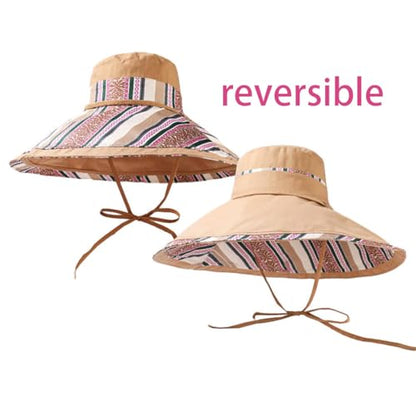 Reversible Wide Brim Sun Hat, Double-Sided Bucket Hat with Chin Strap, Packable UV Protection Beach Hat, Yellow - color: Khaki