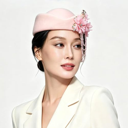 Women's Retro British Felt Headscarf Hat Church Derby Headdress with Floral Women's Soft Beret - color: 02 Light Pink
