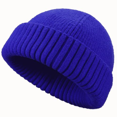 Wool Short Fisherman Beanie for Men Women Double Cuffed Skull Caps - color: 1pcs-blue