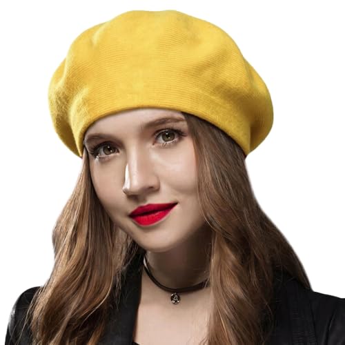 Sumolux Women Beret Hat French Beret Beanie Cap Classic Solid Color - color: Yellow, size: One Size