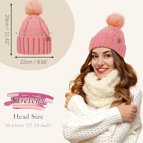 FZ FANTASTIC ZONE Womens Pom Pom Winter Warm Beanie Hat Cap Fleece Lined - color: Pink
