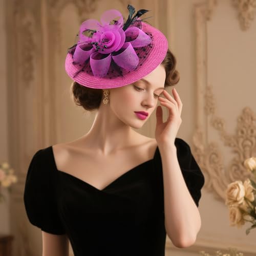 DRESHOW Fascinators Hat Flower Mesh Feathers Hat with a Headband and a Clip 7.9" Tea Party Headwear for Women - color: Folded Style 2: Deep Pink & Black / 7.9"