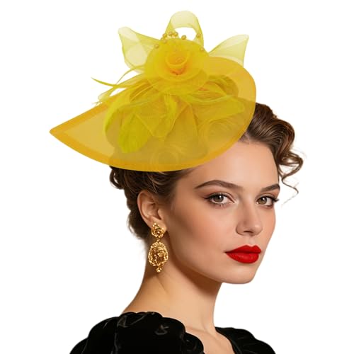 Women Vintage Fascinator Hat Flower Feather Mesh Headband Clip Pillbox Headwear for Wedding Tea Party - color: 02 Yellow
