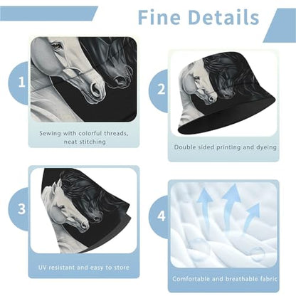 Amasnay Neon Bucket Hat Cotton Double-Side-Wear Reversible Sun Hat for Women Men, Summer Vacation Travel Beach Fisherman Hat - color: Black White Horse