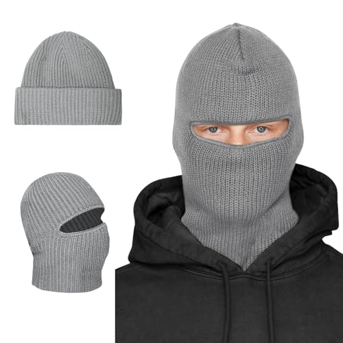 BROKIG 2 in 1 Balaclava Ski Mask Beanie Black Winter Knit Ski Face Mask - color: 2 Pack Black+light Grey