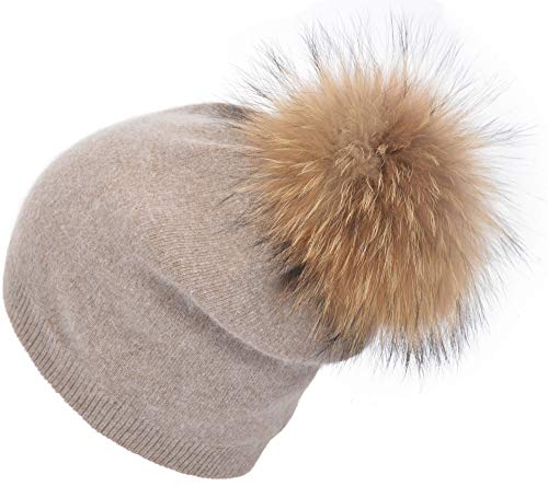 Women's Double Layer Winter Slouchy Knit Beanie Hat with Real Fur Pom Pom - color: Khaki